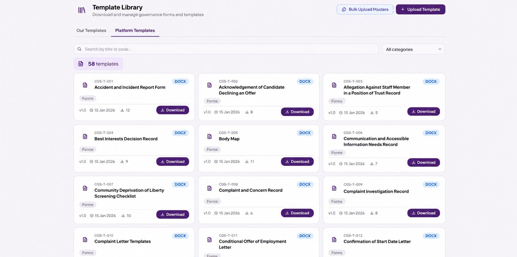 CGS Template Library showing downloadable policy and audit templates mapped to CQC quality statements