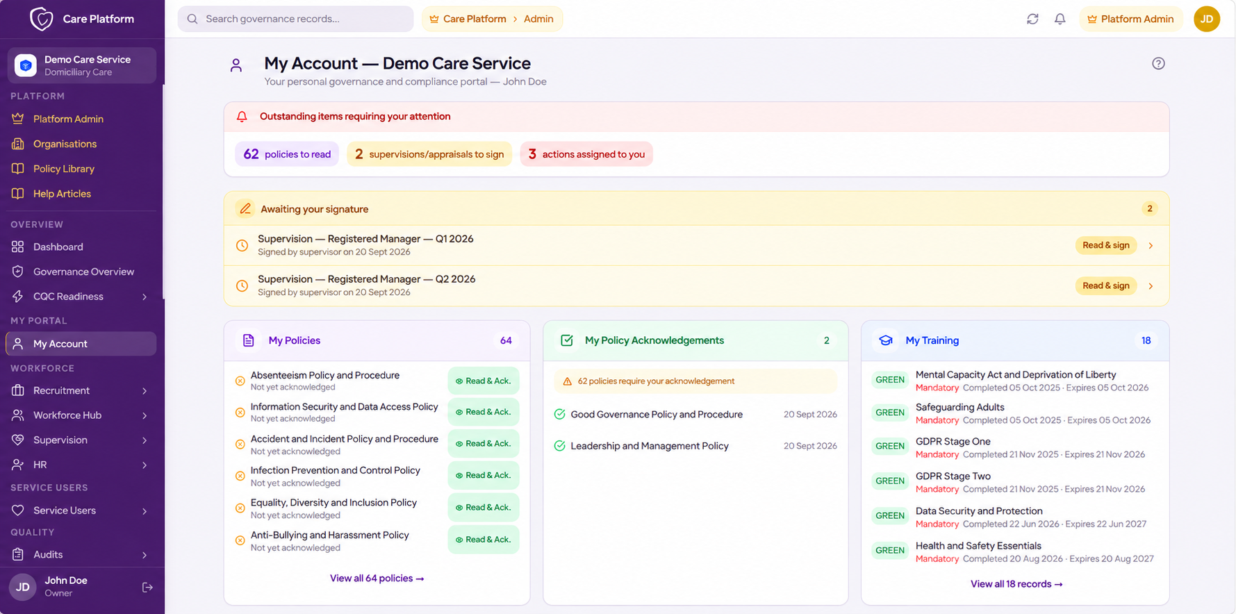 CGS My CGS staff portal showing personalised task list with policies to acknowledge, supervisions to sign and assigned actions